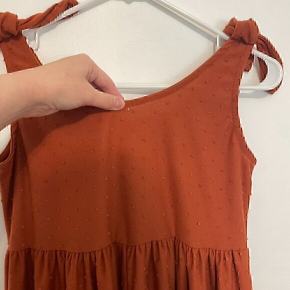 SEE YOU MONDAY Burnt Orange Swiss Dot Tie Shoulder Strap Mini Fit & Flare Dress - Picture 12 of 12